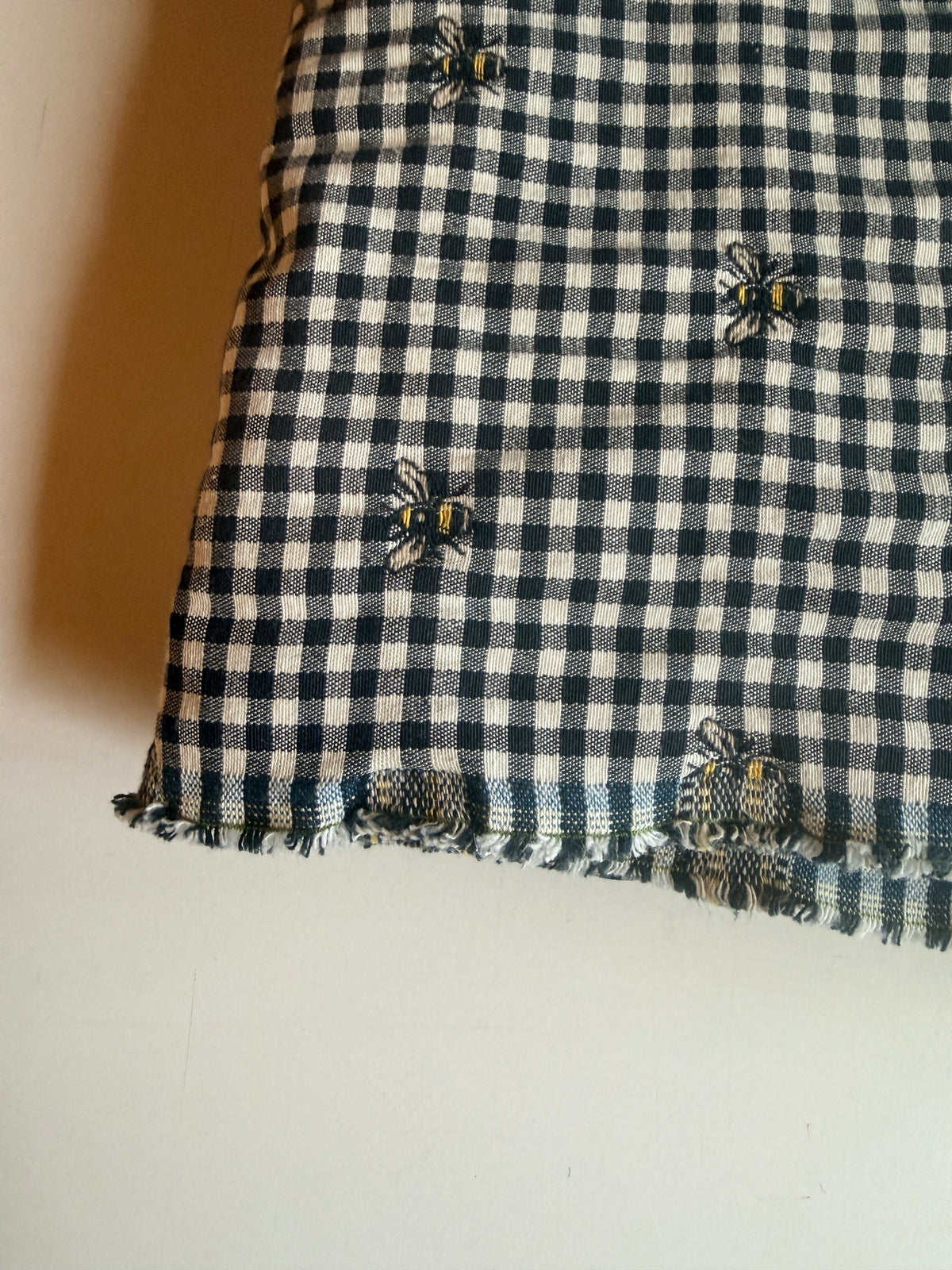 Black and White plaid cotton with Bee accent embroidery - Deadstock