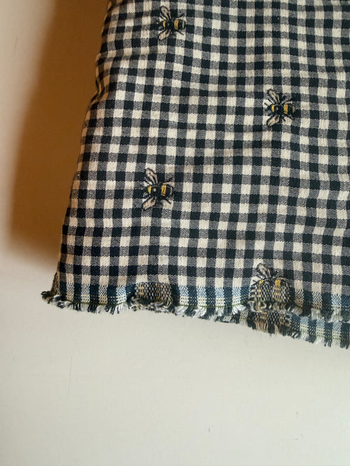 Black and White plaid cotton with Bee accent embroidery - Deadstock