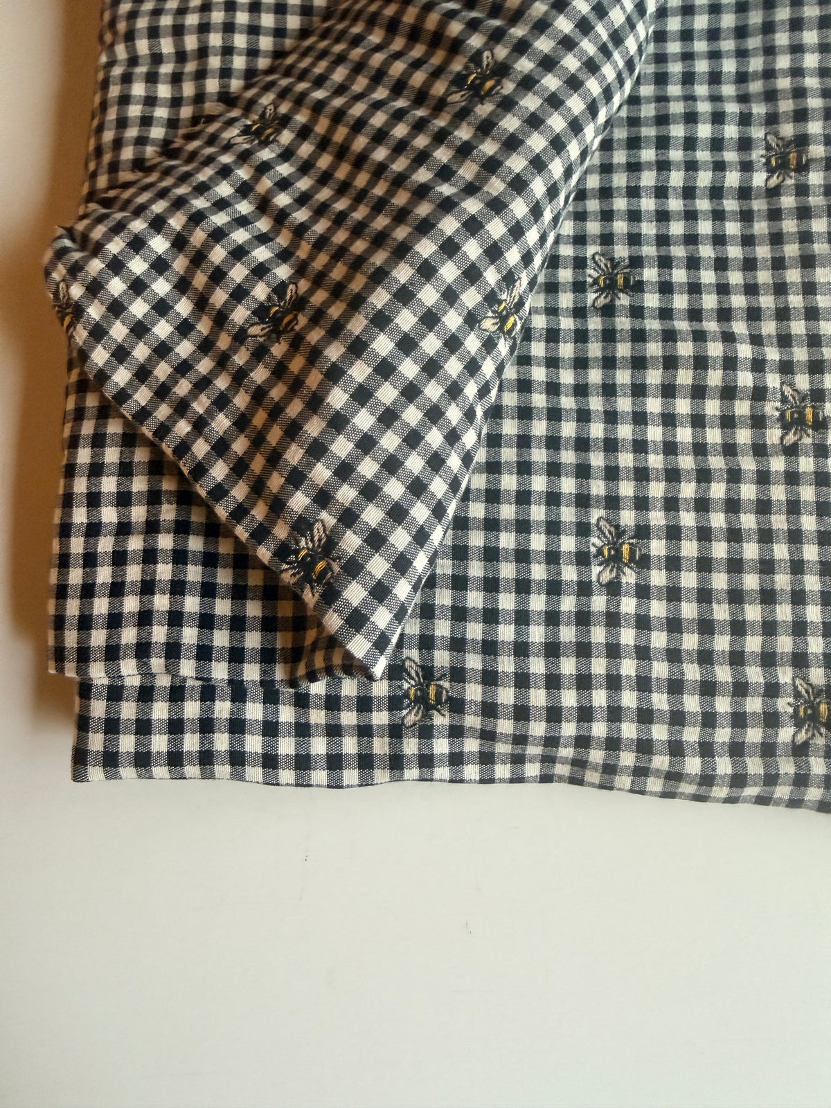 Black and White plaid cotton with Bee accent embroidery - Deadstock