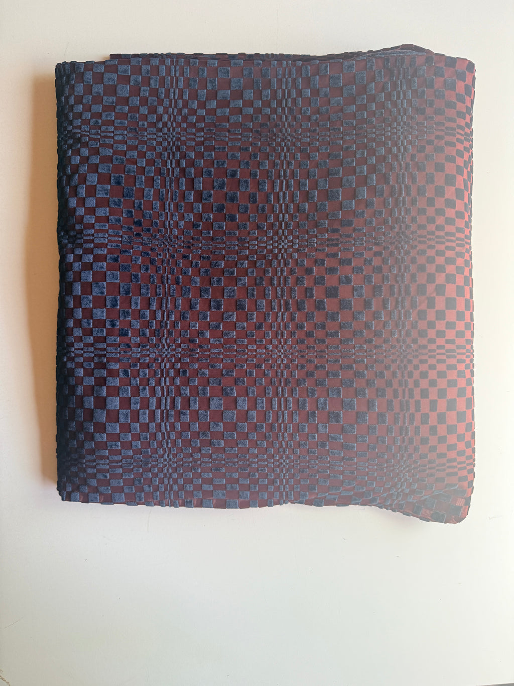 Geometric Velvet shapes on burgundy mesh