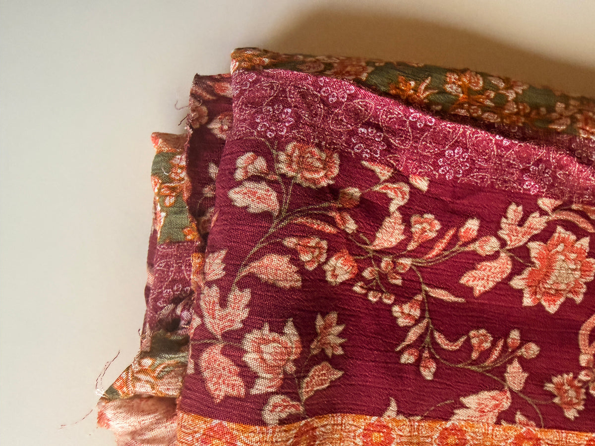 Intricate floral motifs with horizontal stripes in warm tones