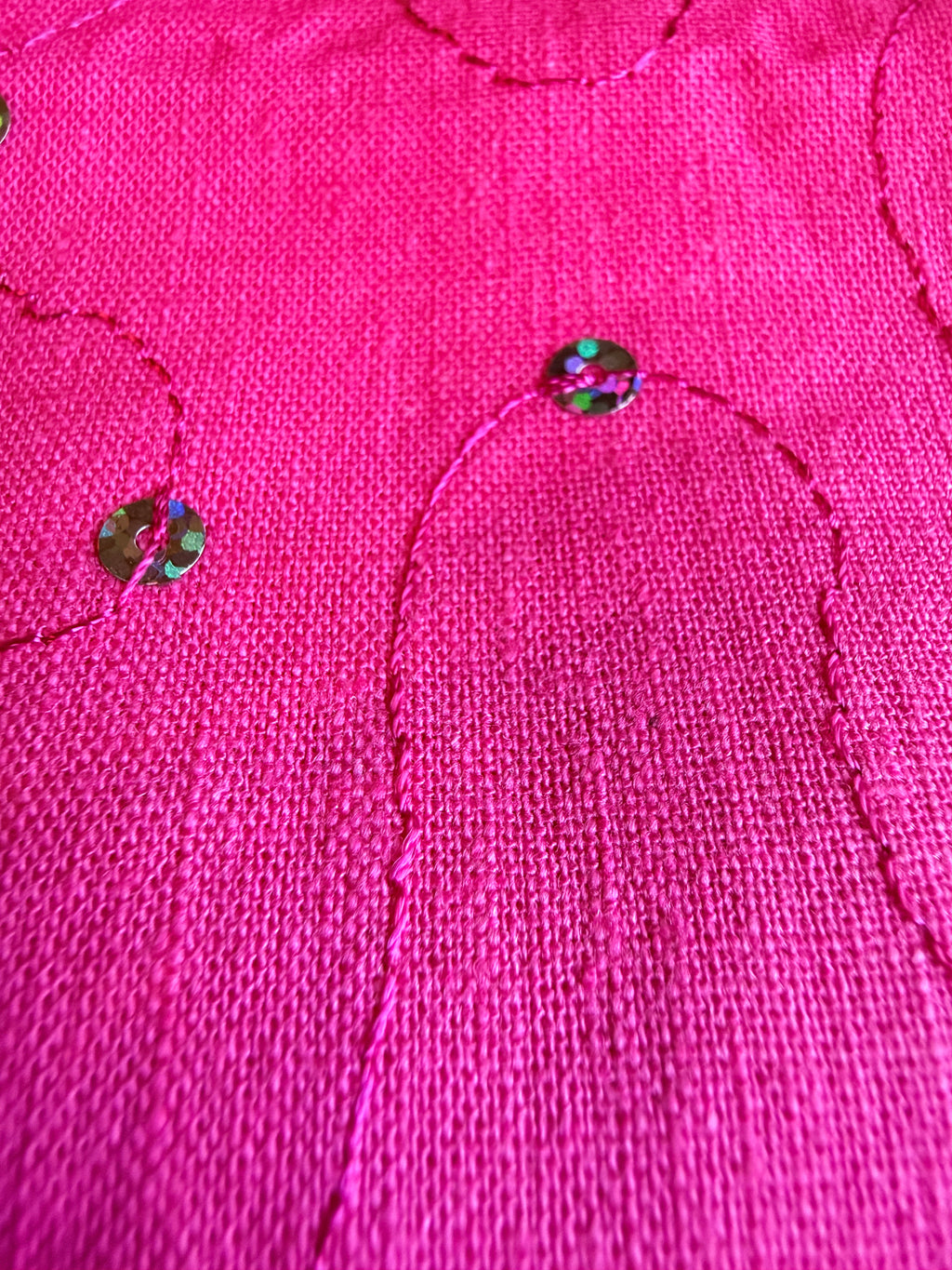 Barbie* Pink Linen with squiggly stitch lines and sequin accents