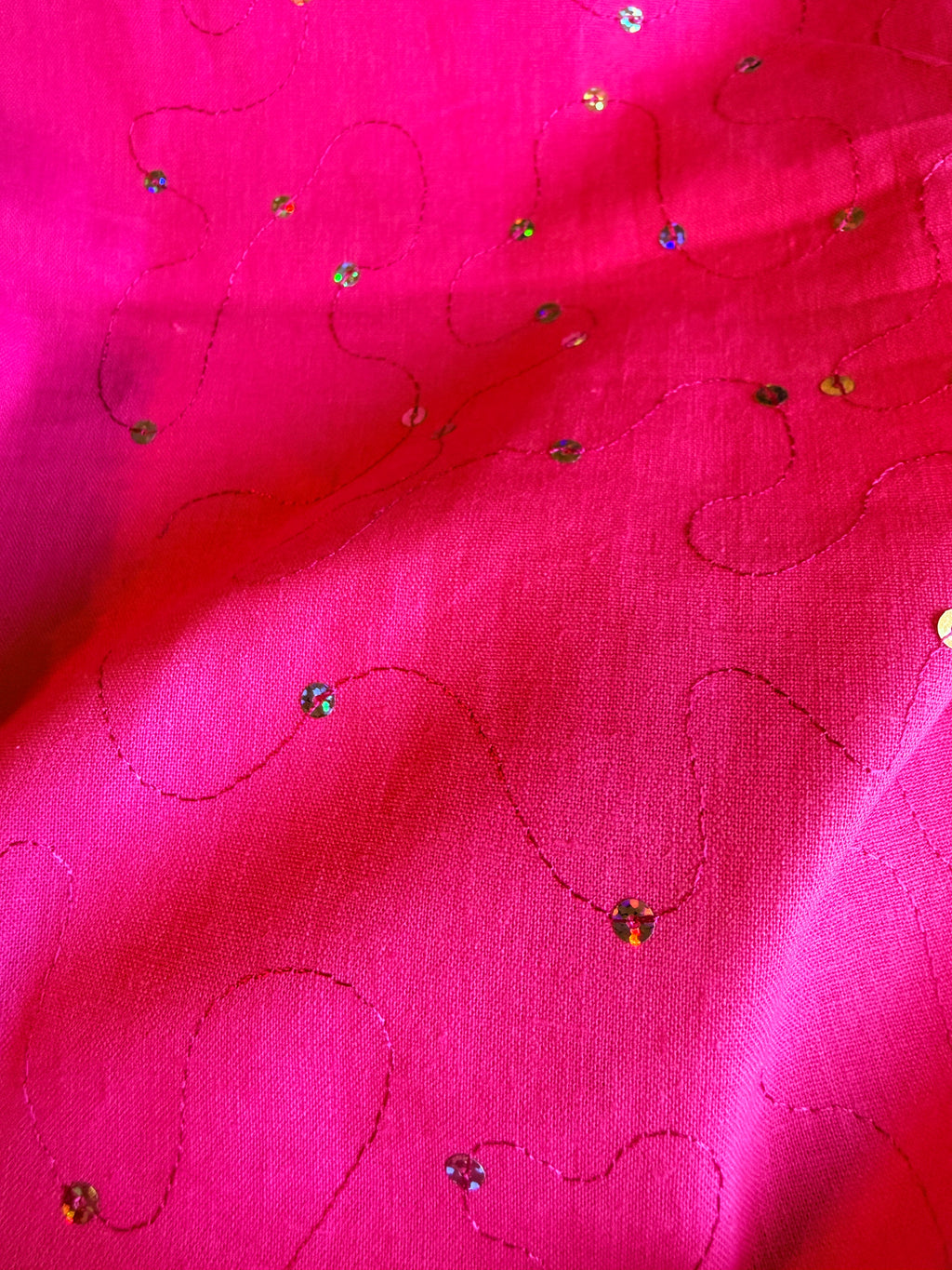Barbie* Pink Linen with squiggly stitch lines and sequin accents